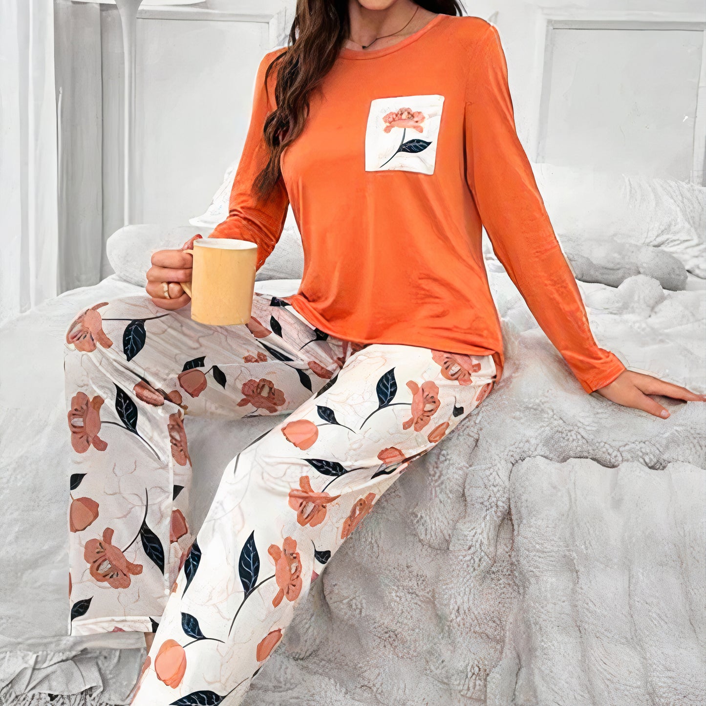 Floral Bliss Women's Pajama Set – Orange & Ivory