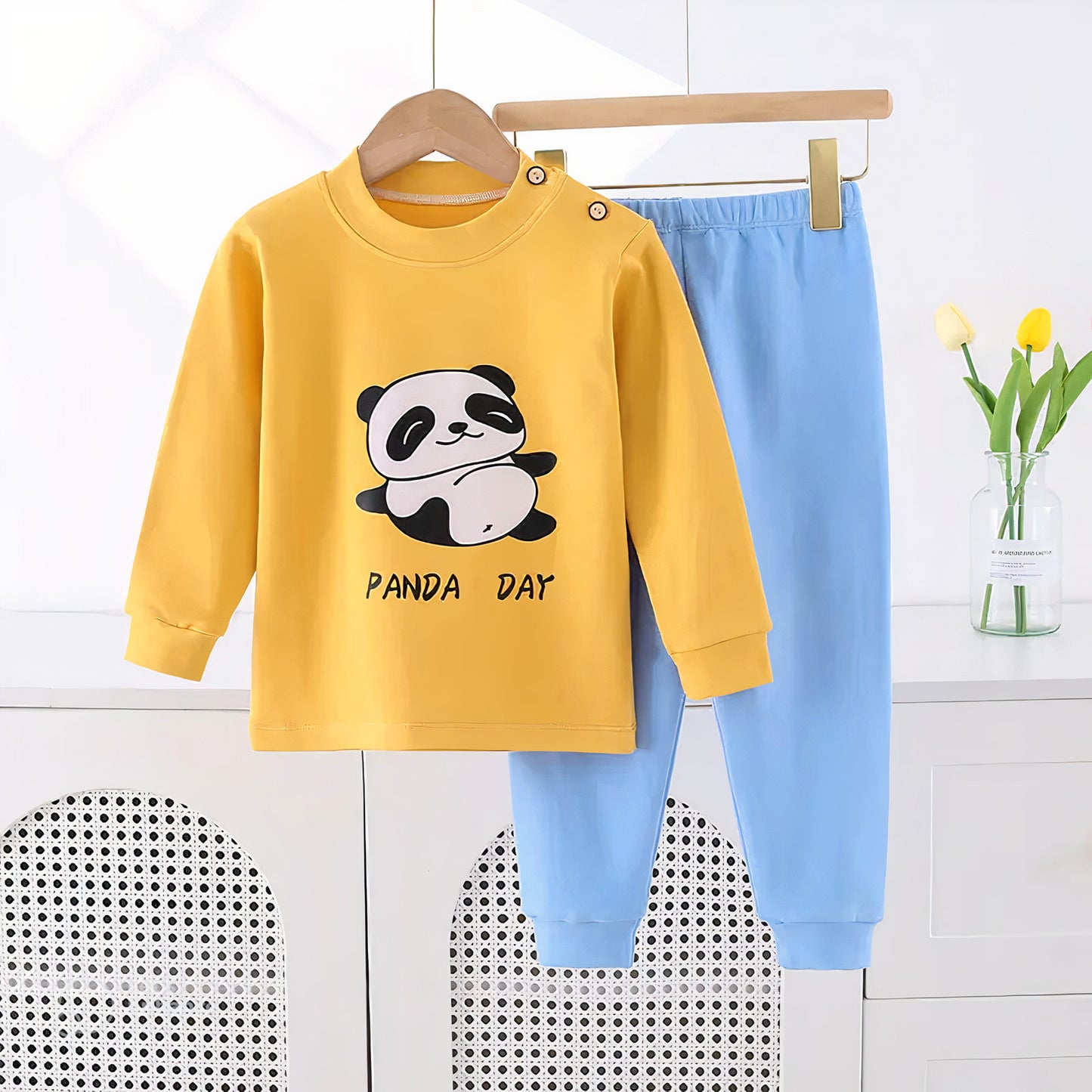 Panda Day Kids Pajama Set – Yellow Top & Blue Pants