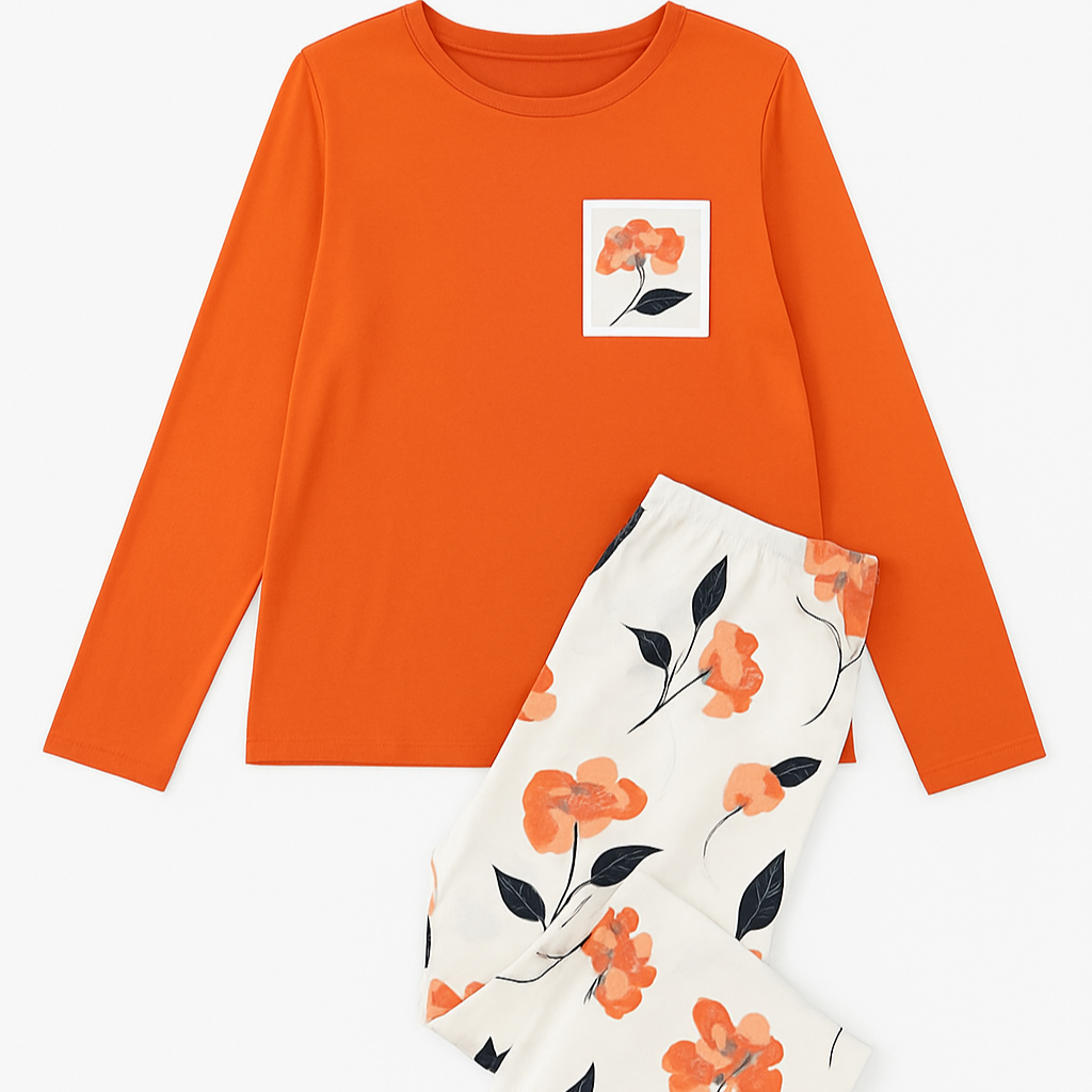 Floral Bliss Women's Pajama Set – Orange & Ivory