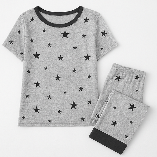 Starry Night Pajama Set – Soft Grey with Black Star Print