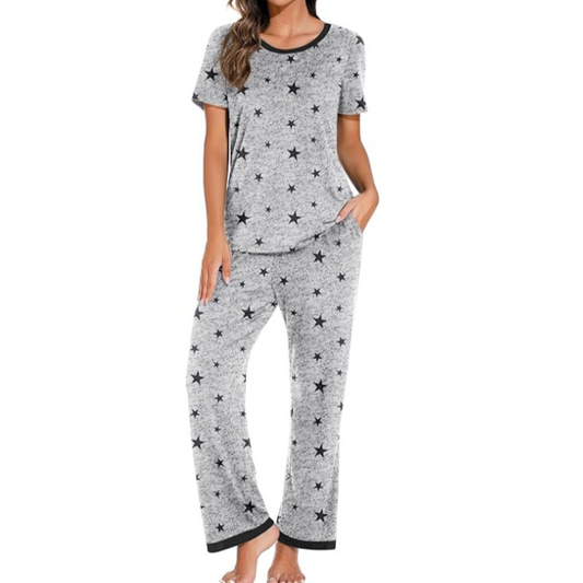 Starry Night Pajama Set – Soft Grey with Black Star Print