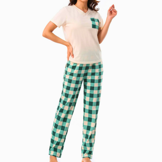 Fresh Check Pajama Set – Cream Top & Green Gingham Pants