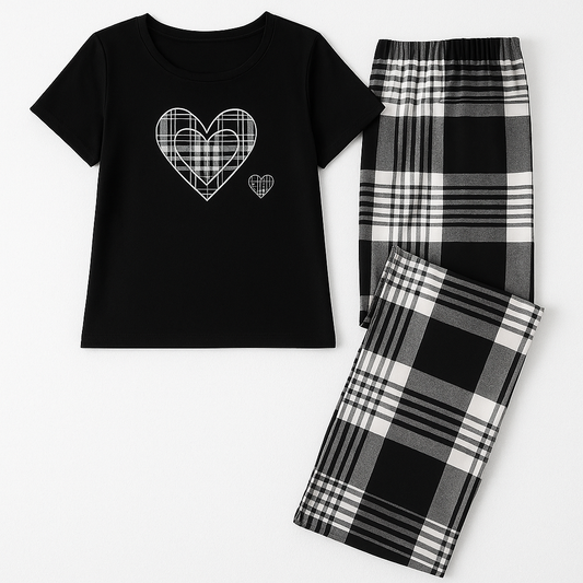 Monochrome Heart Pajama Set – Black Tee & Plaid Trousers