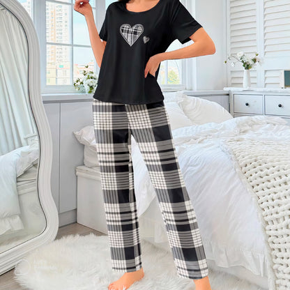 Monochrome Heart Pajama Set – Black Tee & Plaid Trousers