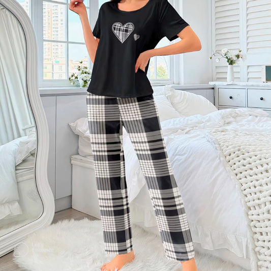 Monochrome Heart Pajama Set – Black Tee & Plaid Trousers