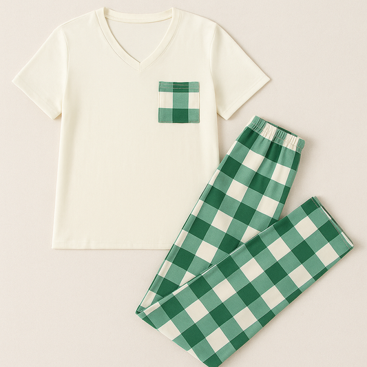 Fresh Check Pajama Set – Cream Top & Green Gingham Pants